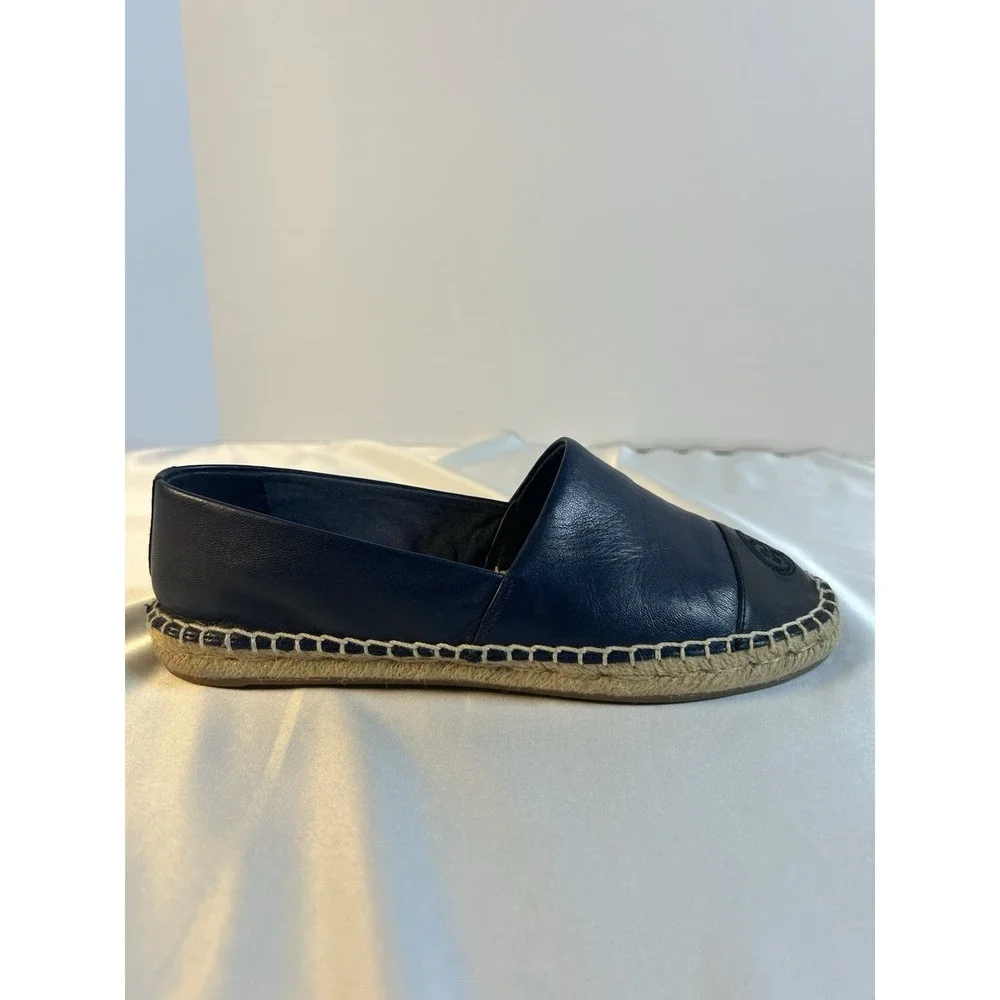 Tory Burch Women Navy Black Leather Cap Toe Espadrille Flats Sz 7 Elegant Preppy
